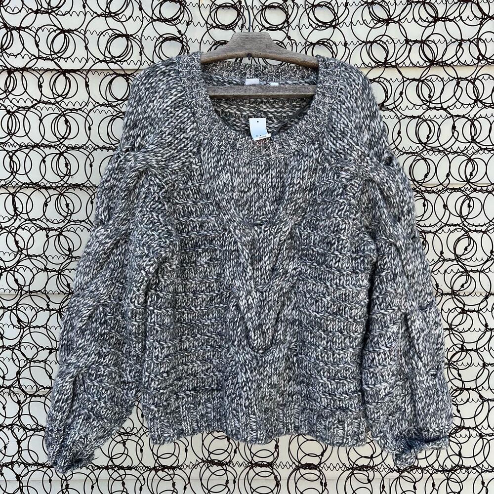 Gap gray white chunky knit fisherman weave sweater wool blend LARGE NWT